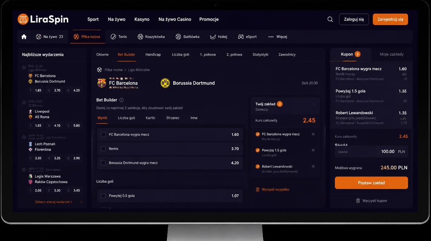 Ekran Bet Builder z polskim interfejsem pokazujący dodawanie zdarzeń do jednego meczu wynik, gole, kartki, strzelec