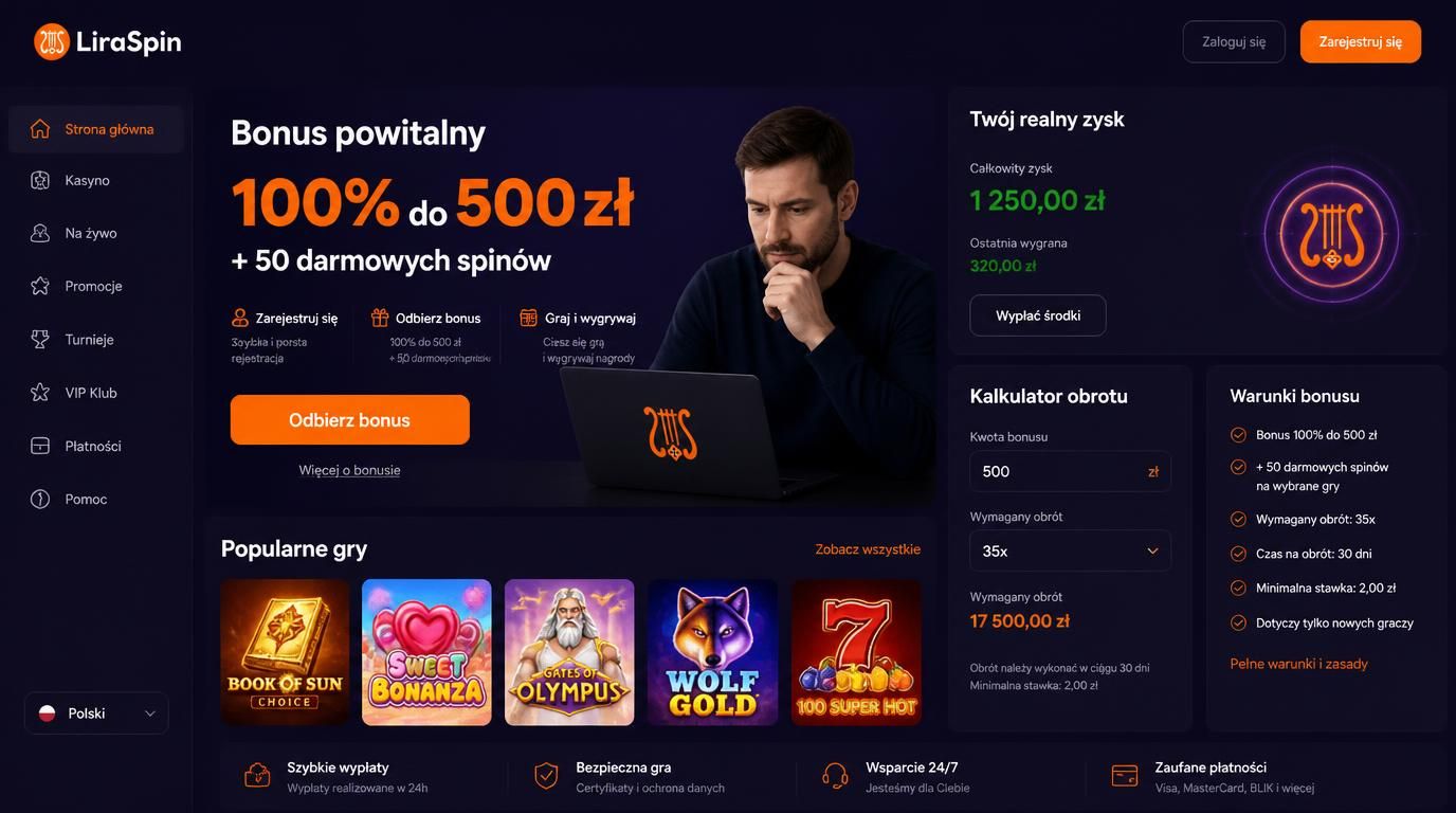 Ekran kasyna prezentujący bonus powitalny 100% do 500 zł i 50 darmowych spinów z kalkulacją obrotu