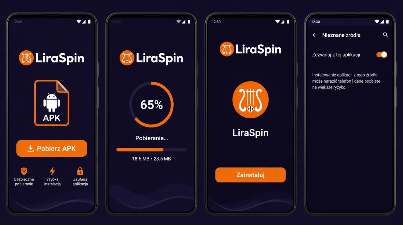 Ekran instalacji APK aplikacji kasynowej Liraspin na Androidzie z ikoną pobierania i ustawieniami bezpieczeństwa