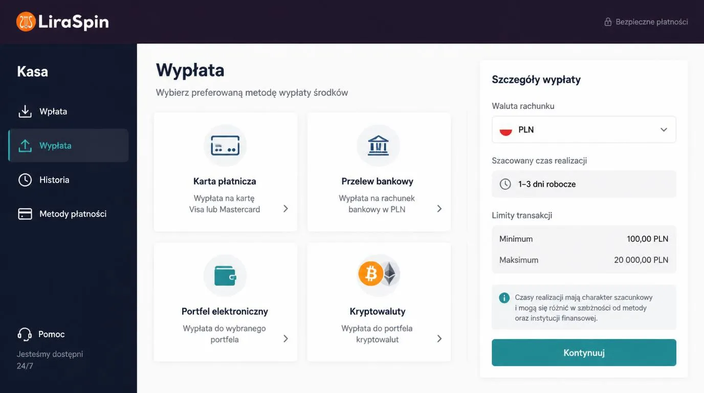 Ekran kasy z wyborem karty, przelewu, portfela elektronicznego i kryptowaluty oraz widocznymi limitami